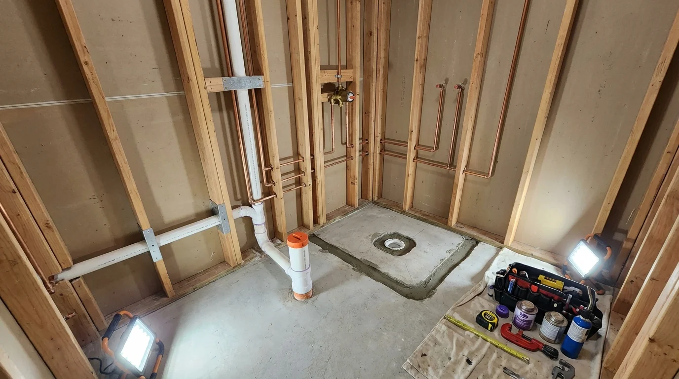 Bathroom rough-in plumbing during remodel by Johns Plumbing LLC in Frazee