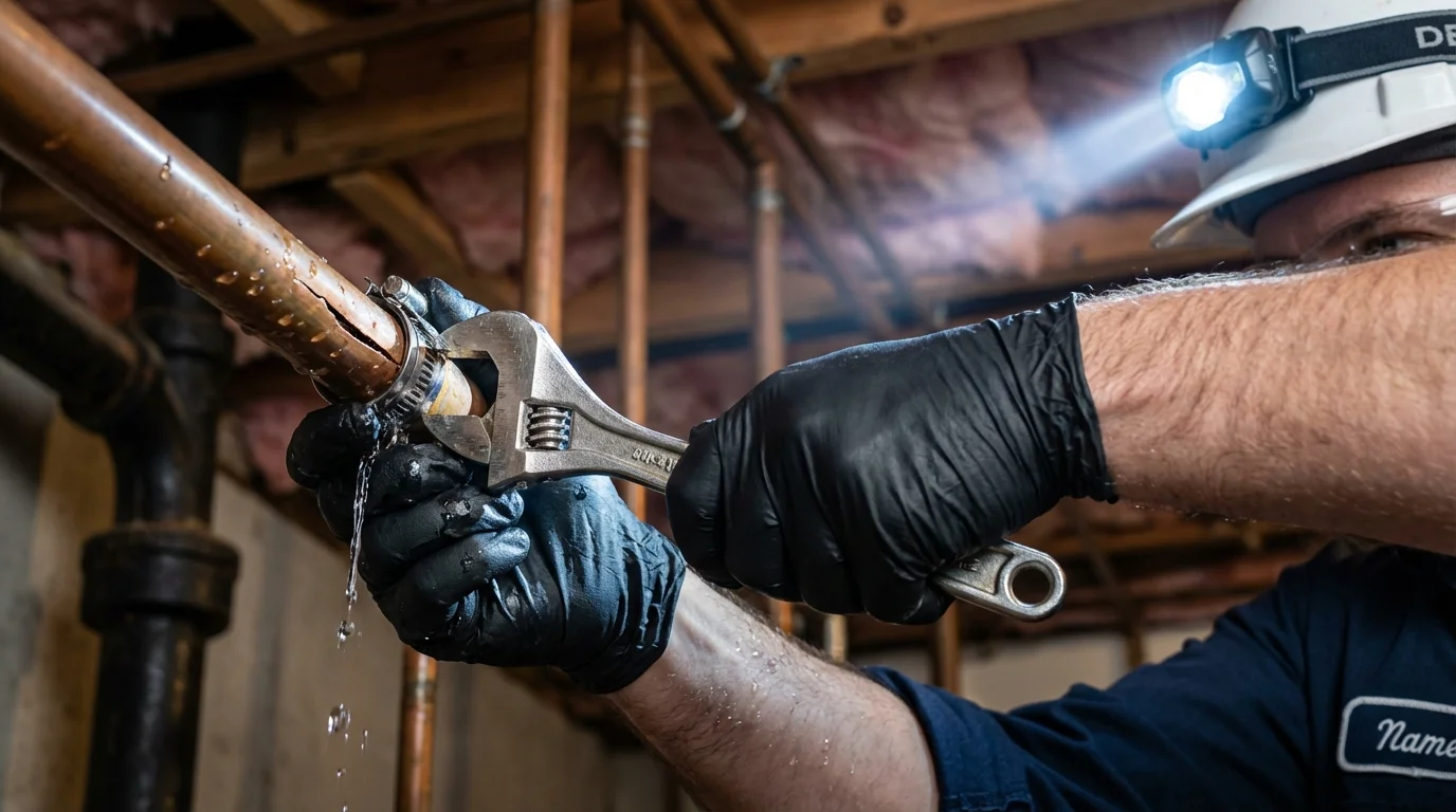 Emergency pipe clamp repair being performed by a Johns Plumbing LLC plumber in Frazee