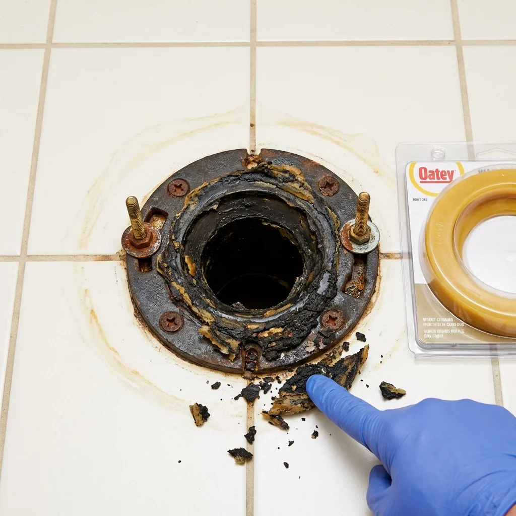 Failed wax ring showing water seepage at the base of a toilet in a Frazee, MN home