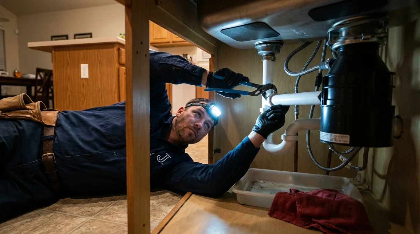 P-trap and supply line connections under a kitchen sink showing a common leak point in Frazee, MN